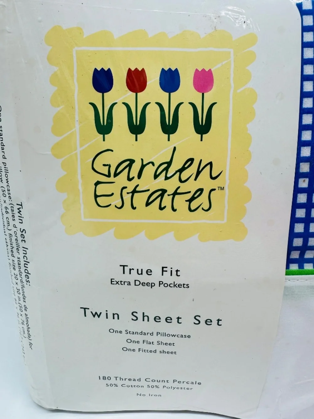 VTG 1998 Garden Estates Twin Sheet Set Blue White Floral & Gingham Jessica Plaid